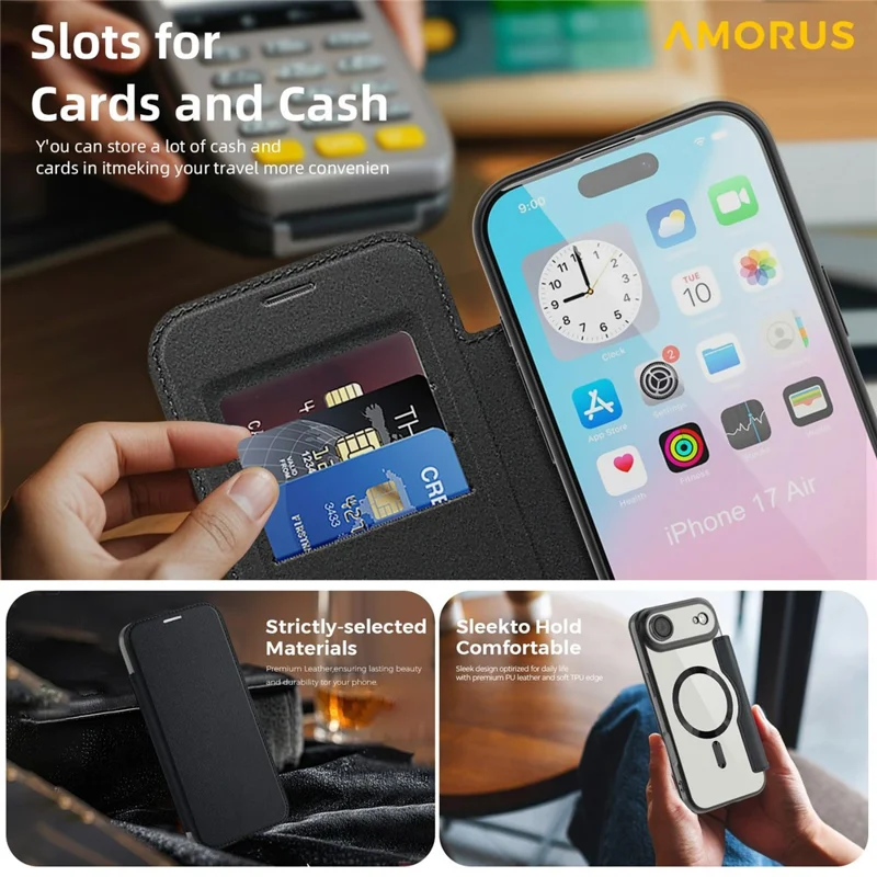 AMORUS Per iPhone 17 Air Case Compatibile con MagSafe RFID Blocking Card Holder Custodia in Pelle - Nero