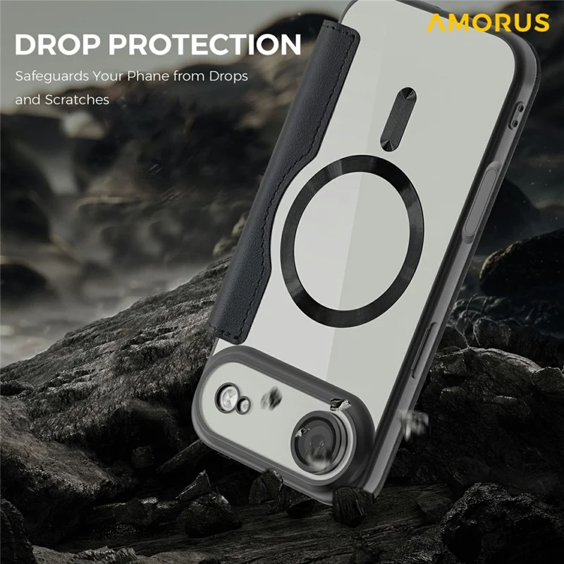 AMORUS Per iPhone 17 Air Case Compatibile con MagSafe RFID Blocking Card Holder Custodia in Pelle - Nero