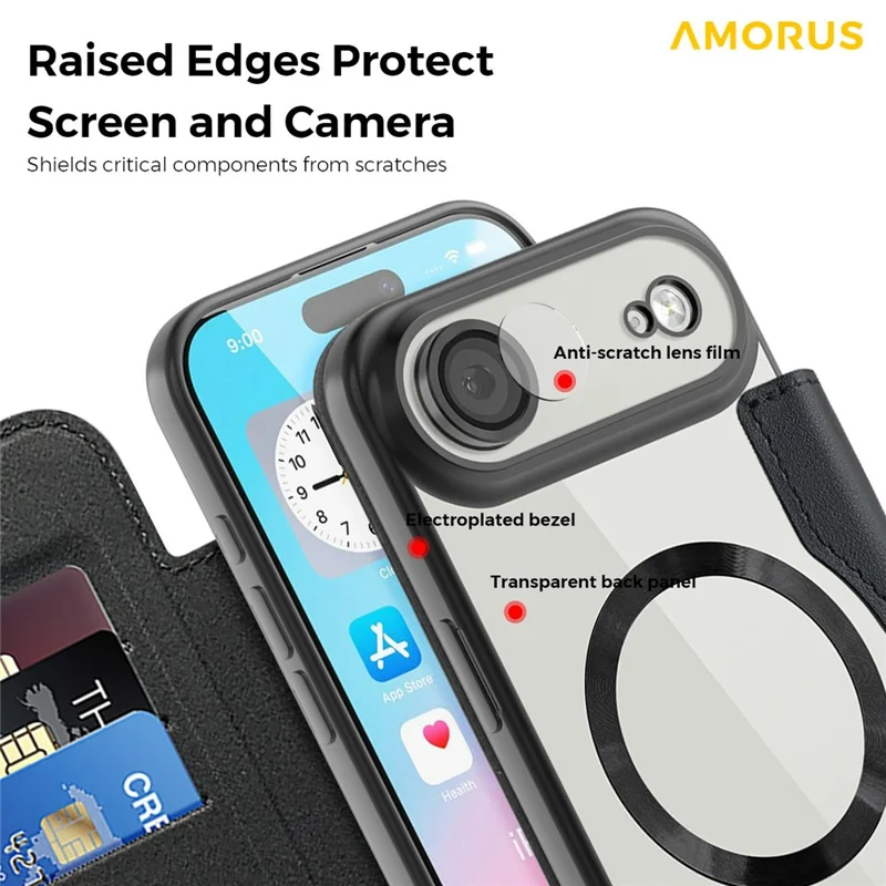 AMORUS Per iPhone 17 Air Case Compatibile con MagSafe RFID Blocking Card Holder Custodia in Pelle - Nero