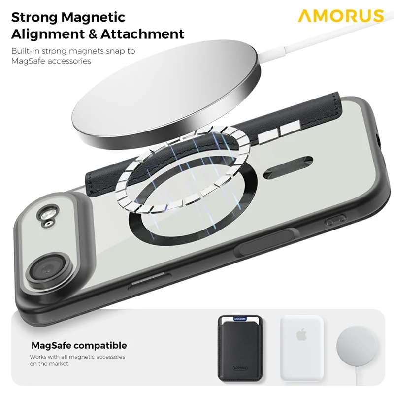 AMORUS Per iPhone 17 Air Case Compatibile con MagSafe RFID Blocking Card Holder Custodia in Pelle - Nero