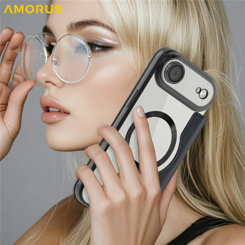 AMORUS Per iPhone 17 Air Case Compatibile con MagSafe RFID Blocking Card Holder Custodia in Pelle - Nero