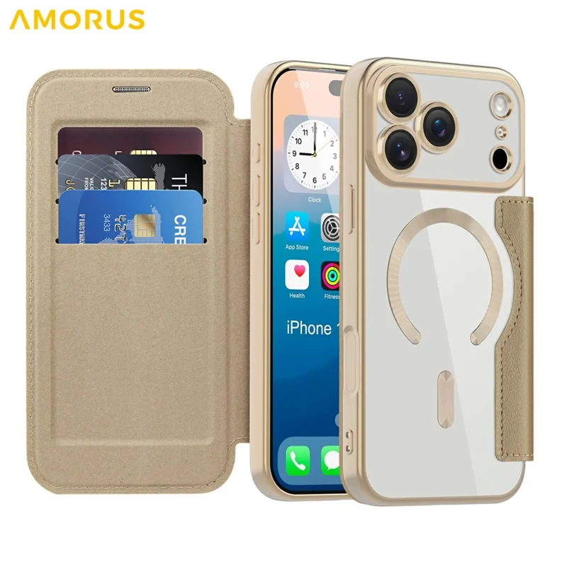 AMORUS For iPhone 17 Pro Case Compatible with MagSafe RFID Blocking Card Holder Leather Phone Cover - Desert Gold