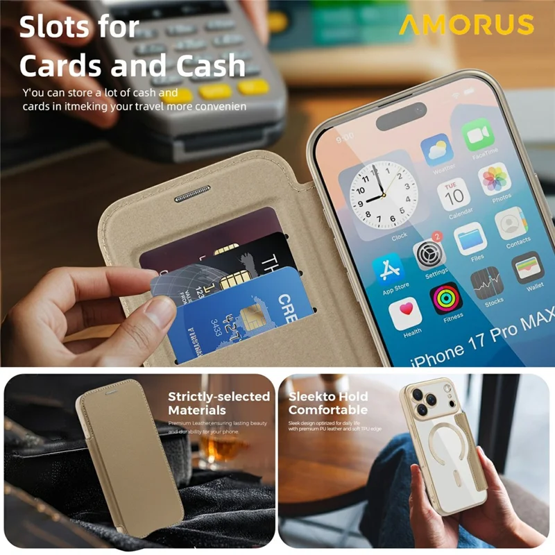 AMORUS For iPhone 17 Pro Case Compatible with MagSafe RFID Blocking Card Holder Leather Phone Cover - Desert Gold