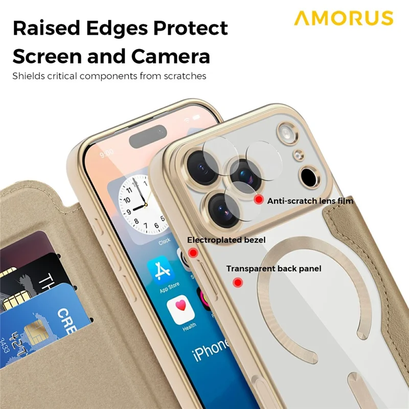 AMORUS For iPhone 17 Pro Case Compatible with MagSafe RFID Blocking Card Holder Leather Phone Cover - Desert Gold