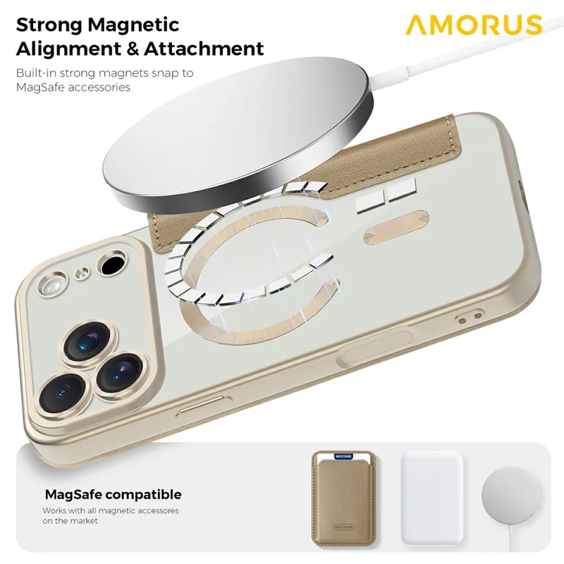 AMORUS For iPhone 17 Pro Case Compatible with MagSafe RFID Blocking Card Holder Leather Phone Cover - Desert Gold