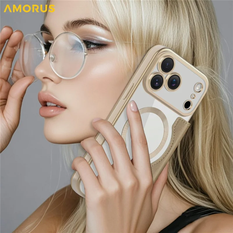 AMORUS For iPhone 17 Pro Case Compatible with MagSafe RFID Blocking Card Holder Leather Phone Cover - Desert Gold