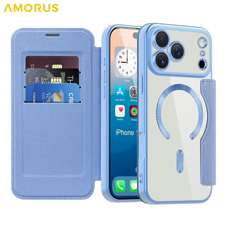 AMORUS For iPhone 17 Pro Case Compatible with MagSafe RFID Blocking Card Holder Leather Phone Cover - Blue