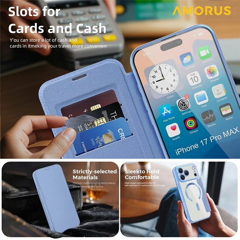 AMORUS For iPhone 17 Pro Case Compatible with MagSafe RFID Blocking Card Holder Leather Phone Cover - Blue