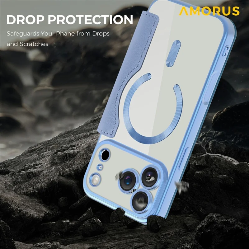 AMORUS For iPhone 17 Pro Case Compatible with MagSafe RFID Blocking Card Holder Leather Phone Cover - Blue