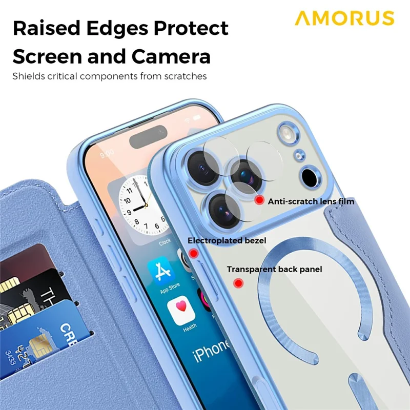 AMORUS For iPhone 17 Pro Case Compatible with MagSafe RFID Blocking Card Holder Leather Phone Cover - Blue