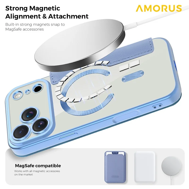 AMORUS For iPhone 17 Pro Case Compatible with MagSafe RFID Blocking Card Holder Leather Phone Cover - Blue