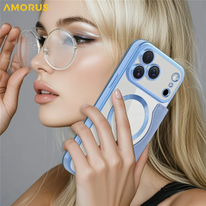 AMORUS For iPhone 17 Pro Case Compatible with MagSafe RFID Blocking Card Holder Leather Phone Cover - Blue