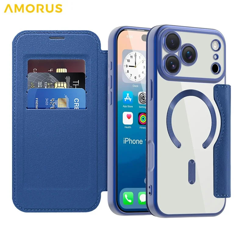 AMORUS For iPhone 17 Pro Case Compatible with MagSafe RFID Blocking Card Holder Leather Phone Cover - Sapphire