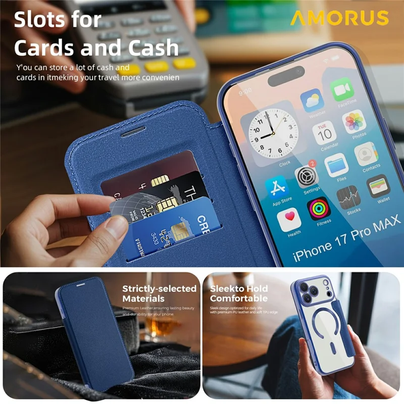 AMORUS For iPhone 17 Pro Case Compatible with MagSafe RFID Blocking Card Holder Leather Phone Cover - Sapphire