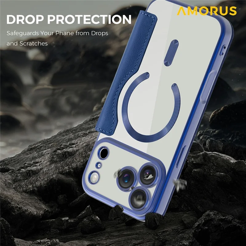 AMORUS For iPhone 17 Pro Case Compatible with MagSafe RFID Blocking Card Holder Leather Phone Cover - Sapphire
