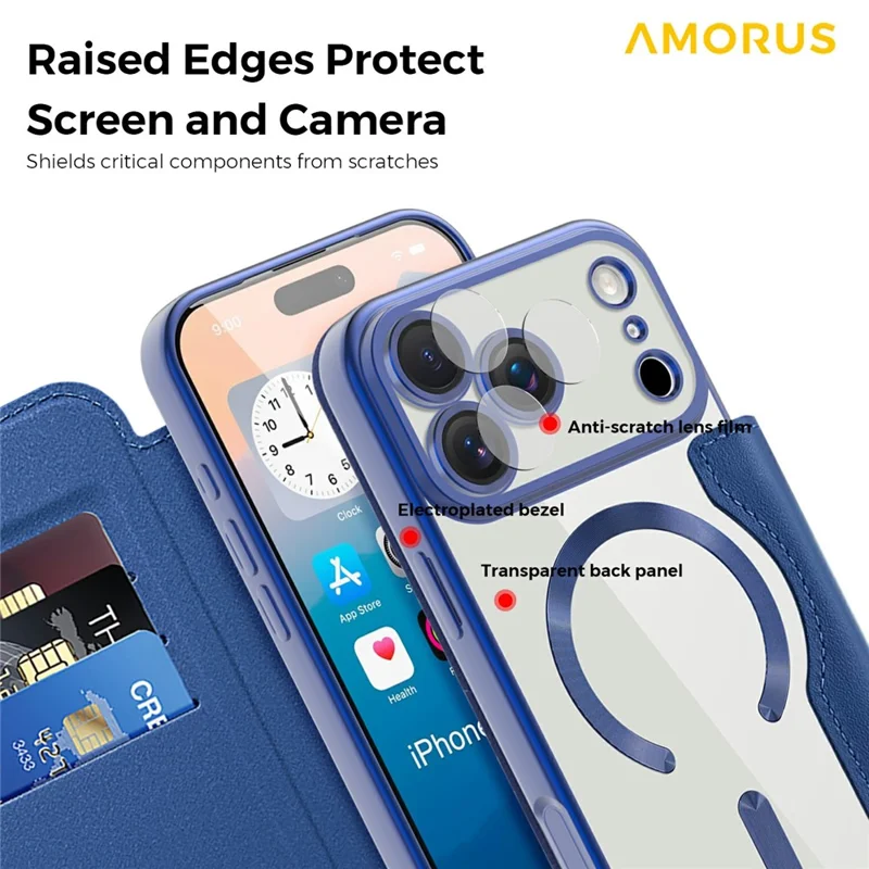 AMORUS For iPhone 17 Pro Case Compatible with MagSafe RFID Blocking Card Holder Leather Phone Cover - Sapphire