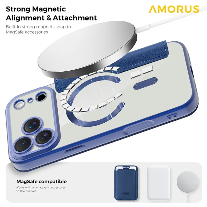 AMORUS For iPhone 17 Pro Case Compatible with MagSafe RFID Blocking Card Holder Leather Phone Cover - Sapphire
