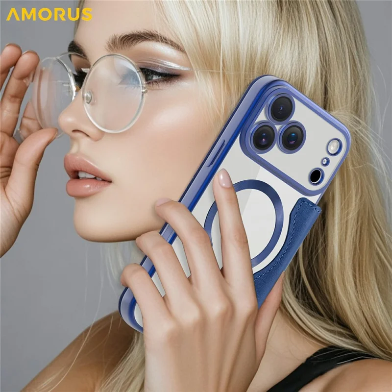 AMORUS For iPhone 17 Pro Case Compatible with MagSafe RFID Blocking Card Holder Leather Phone Cover - Sapphire