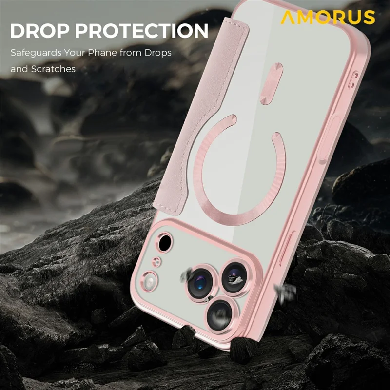 AMORUS For iPhone 17 Pro Max Case Compatible with MagSafe RFID Blocking Card Holder Leather Phone Cover - Pink