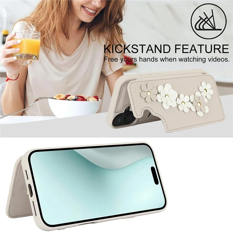 Für iPhone 17 Hülle mit Kartenfächern Lederüberzogenes TPU Blumen-Handyhülle mit 2 Trageriemen - Beige