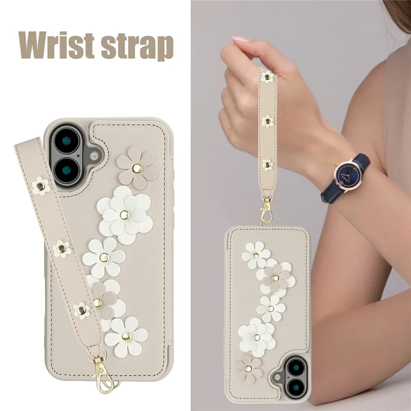 Für iPhone 17 Hülle mit Kartenfächern Lederüberzogenes TPU Blumen-Handyhülle mit 2 Trageriemen - Beige