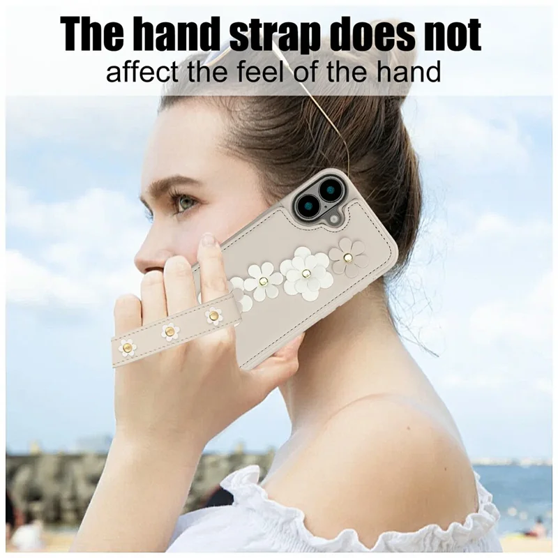 Für iPhone 17 Hülle mit Kartenfächern Lederüberzogenes TPU Blumen-Handyhülle mit 2 Trageriemen - Beige
