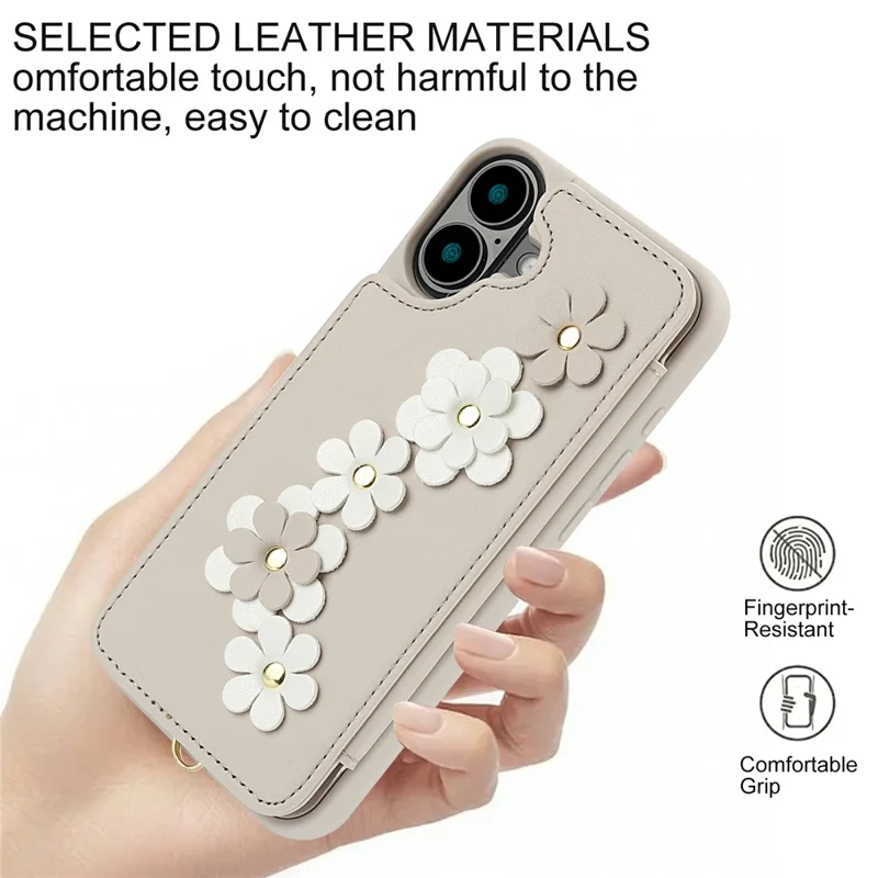 Für iPhone 17 Hülle mit Kartenfächern Lederüberzogenes TPU Blumen-Handyhülle mit 2 Trageriemen - Beige