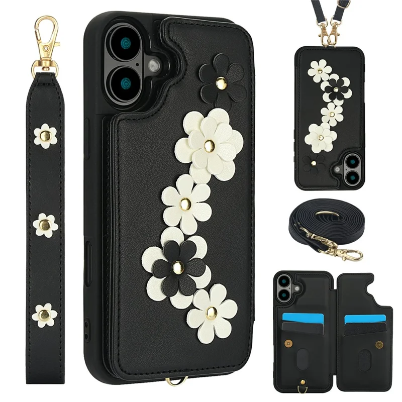 For iPhone 17 Case Card Slots Leather Coated TPU Flower Phone Cover with 2 Straps - Black