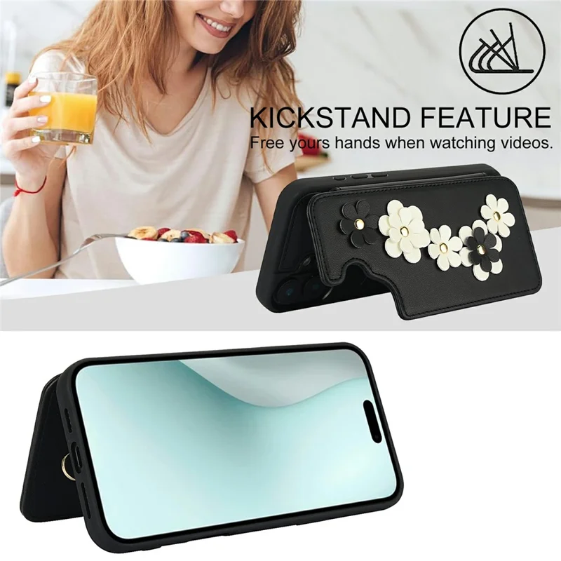For iPhone 17 Case Card Slots Leather Coated TPU Flower Phone Cover with 2 Straps - Black