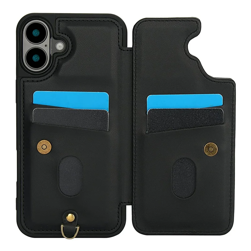 For iPhone 17 Case Card Slots Leather Coated TPU Flower Phone Cover with 2 Straps - Black