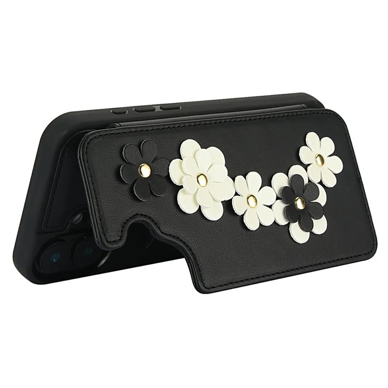 For iPhone 17 Case Card Slots Leather Coated TPU Flower Phone Cover with 2 Straps - Black