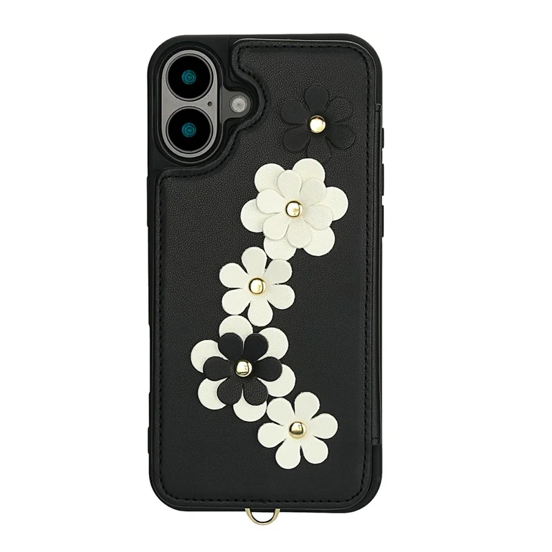 For iPhone 17 Case Card Slots Leather Coated TPU Flower Phone Cover with 2 Straps - Black