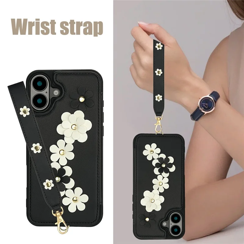 For iPhone 17 Case Card Slots Leather Coated TPU Flower Phone Cover with 2 Straps - Black