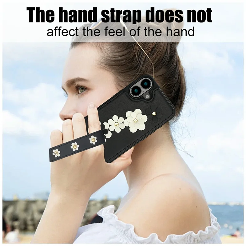For iPhone 17 Case Card Slots Leather Coated TPU Flower Phone Cover with 2 Straps - Black