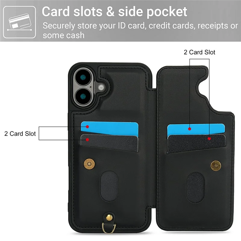 For iPhone 17 Case Card Slots Leather Coated TPU Flower Phone Cover with 2 Straps - Black