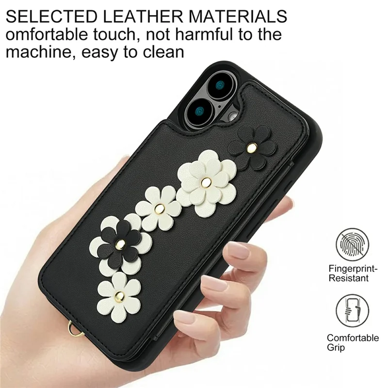 For iPhone 17 Case Card Slots Leather Coated TPU Flower Phone Cover with 2 Straps - Black