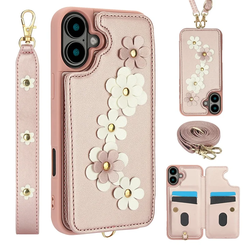 For iPhone 17 Case Card Slots Leather Coated TPU Flower Phone Cover with 2 Straps - Pink