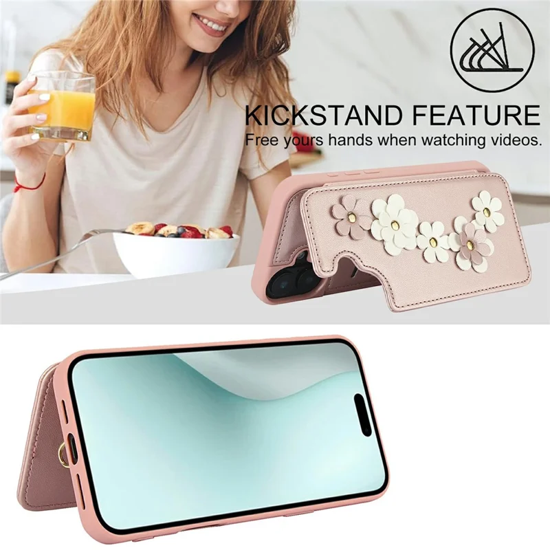 For iPhone 17 Case Card Slots Leather Coated TPU Flower Phone Cover with 2 Straps - Pink