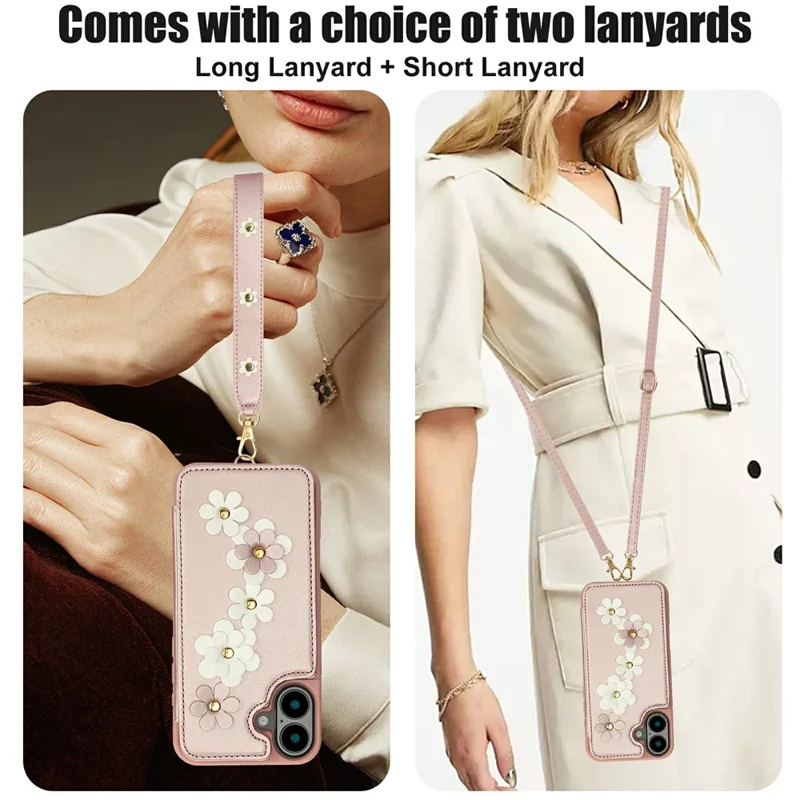 For iPhone 17 Case Card Slots Leather Coated TPU Flower Phone Cover with 2 Straps - Pink