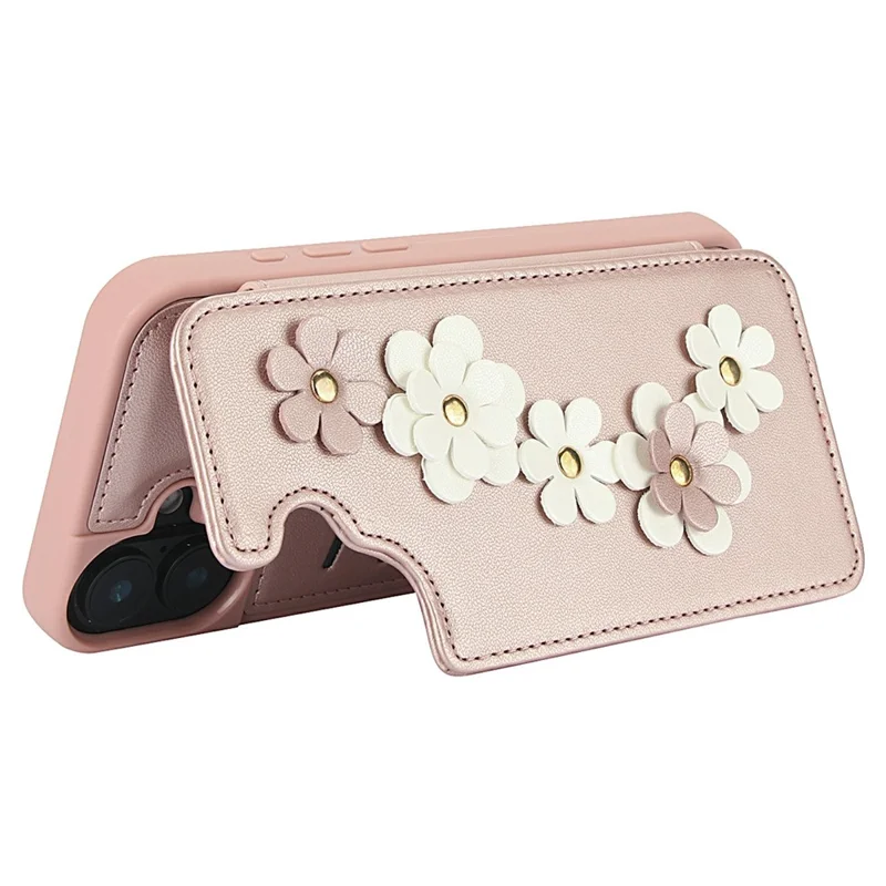For iPhone 17 Case Card Slots Leather Coated TPU Flower Phone Cover with 2 Straps - Pink
