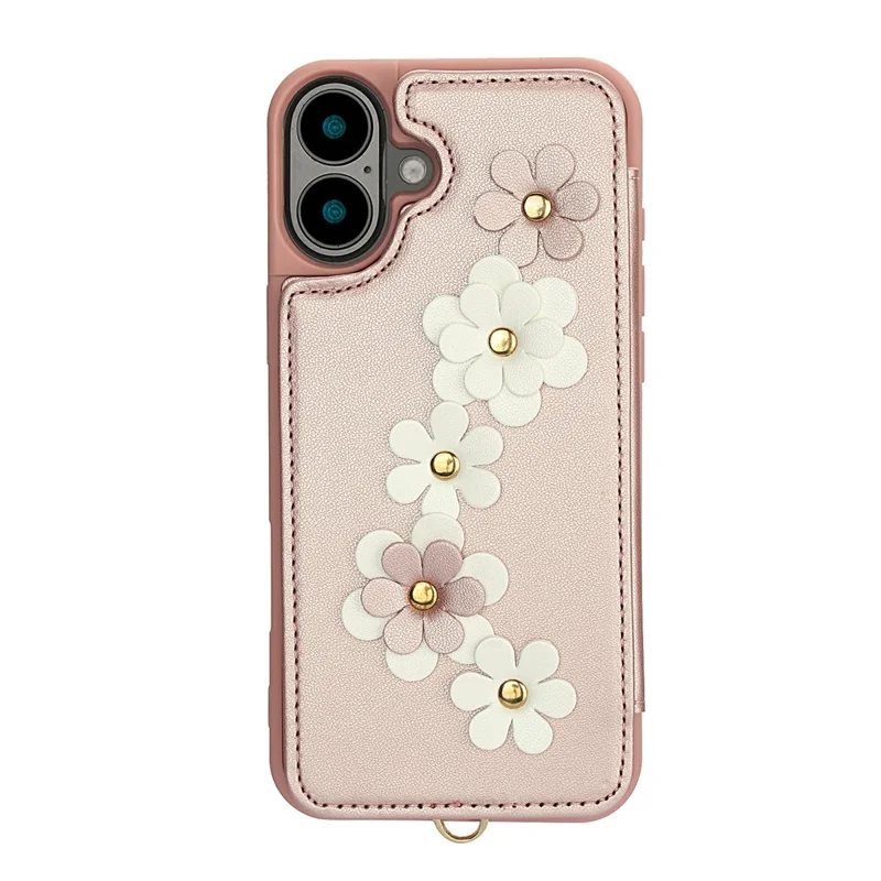 For iPhone 17 Case Card Slots Leather Coated TPU Flower Phone Cover with 2 Straps - Pink