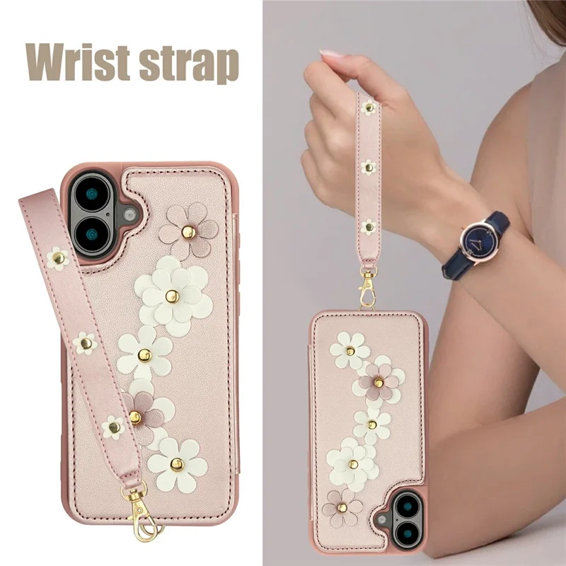 For iPhone 17 Case Card Slots Leather Coated TPU Flower Phone Cover with 2 Straps - Pink