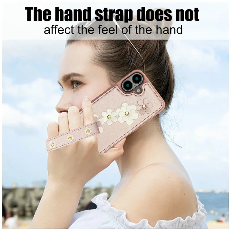 For iPhone 17 Case Card Slots Leather Coated TPU Flower Phone Cover with 2 Straps - Pink
