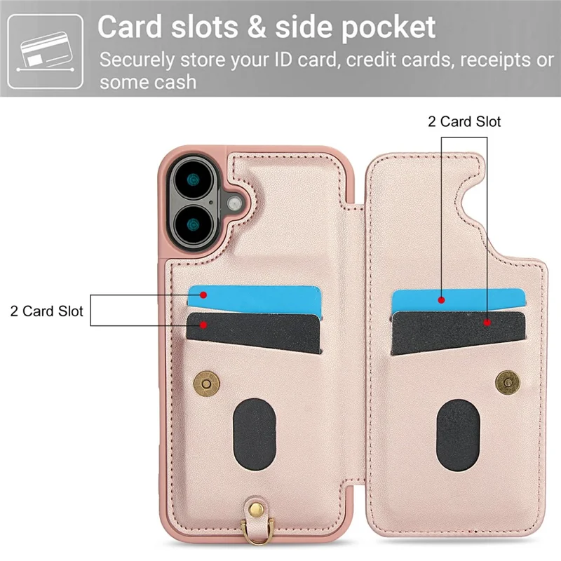 For iPhone 17 Case Card Slots Leather Coated TPU Flower Phone Cover with 2 Straps - Pink