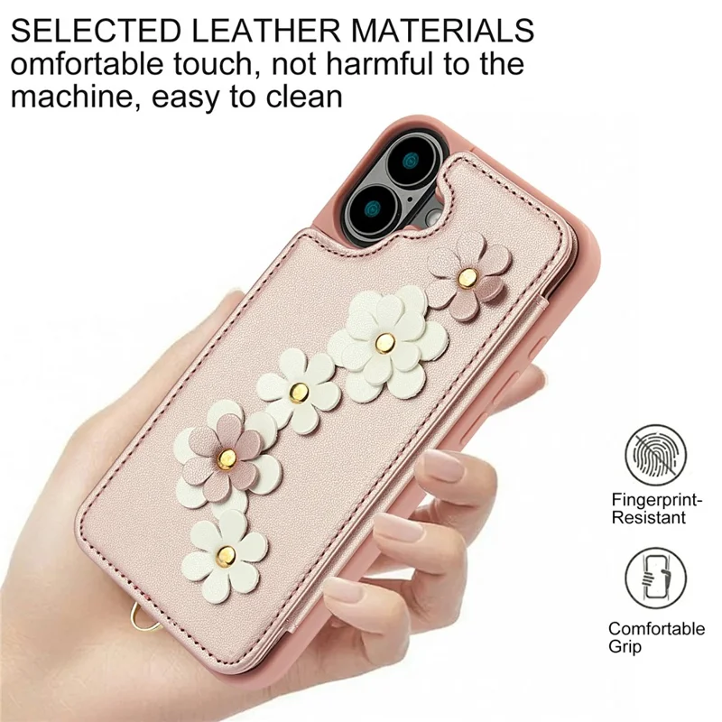 For iPhone 17 Case Card Slots Leather Coated TPU Flower Phone Cover with 2 Straps - Pink