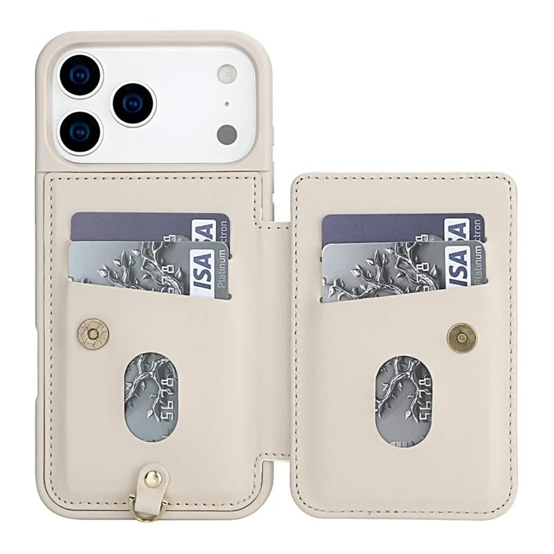 iPhone 17 Pro Hülle Kartenschlitze Leder beschichtetes TPU Blumen Handyhülle mit 2 Riemen - Beige