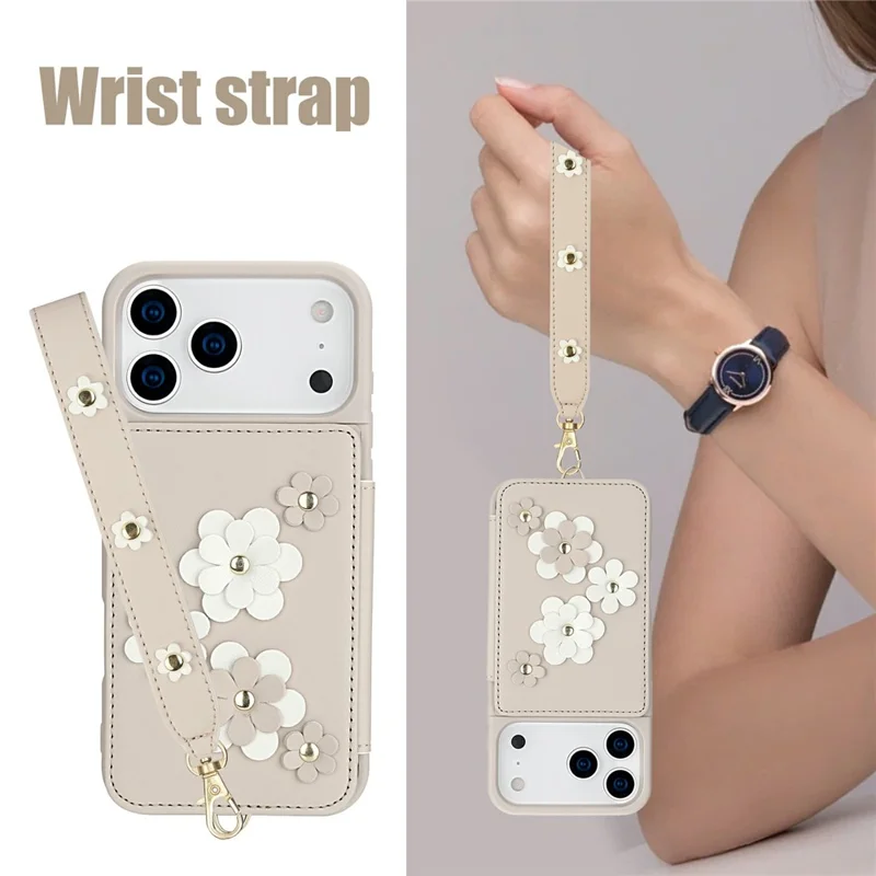 iPhone 17 Pro Hülle Kartenschlitze Leder beschichtetes TPU Blumen Handyhülle mit 2 Riemen - Beige