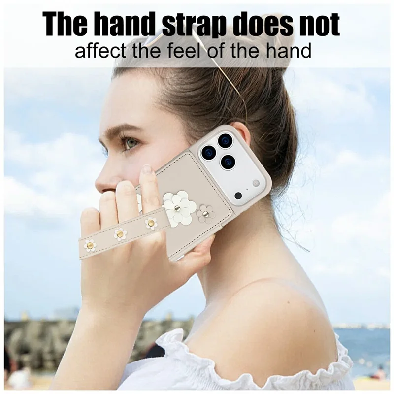iPhone 17 Pro Hülle Kartenschlitze Leder beschichtetes TPU Blumen Handyhülle mit 2 Riemen - Beige