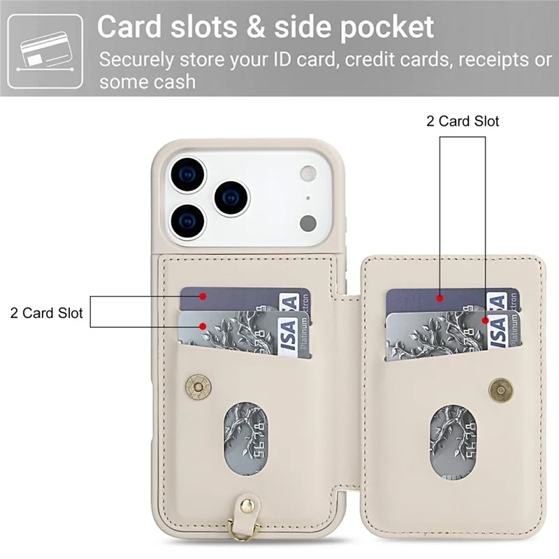 iPhone 17 Pro Hülle Kartenschlitze Leder beschichtetes TPU Blumen Handyhülle mit 2 Riemen - Beige