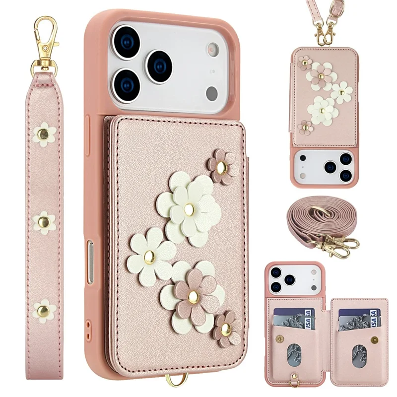 For iPhone 17 Pro Case Card Slots Leather Coated TPU Flower Phone Cover with 2 Straps - Pink